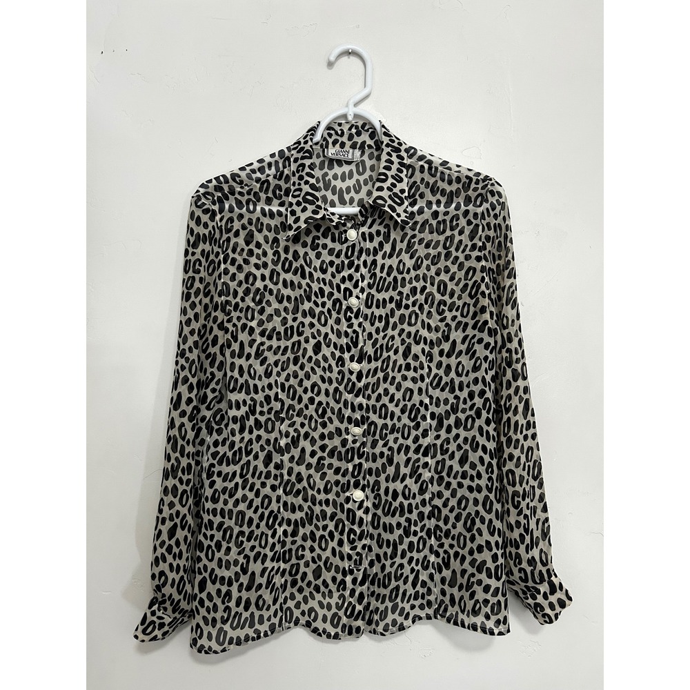 Gianni Versace Vintage Sheer Leopard Print Blouse Medusa Buttons Made in Italy